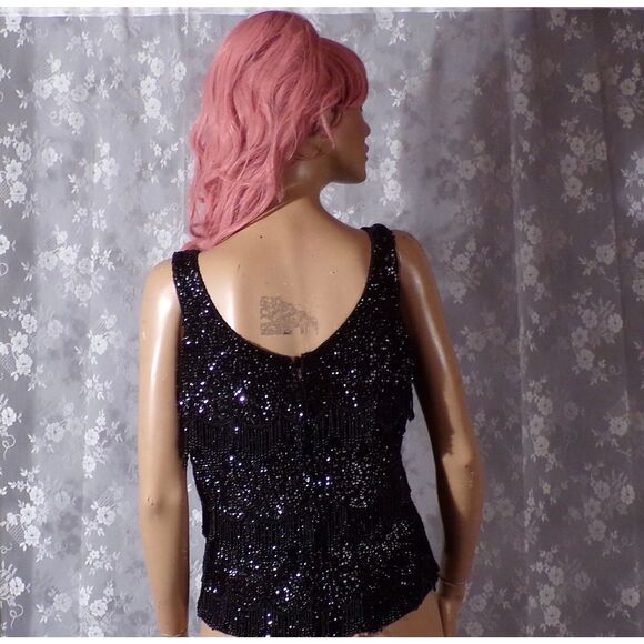 Vintage 60s Sequin Top 1960s Black Shimmy Jo-Ro of Miami Glam Size Medium S/M - Picture 3 of 5